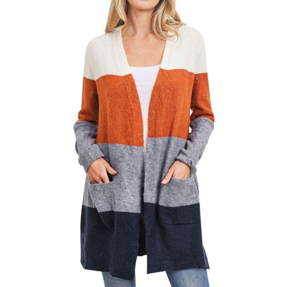 Loved + Adored Womens Fall Layer Colorblock Open Front Knit‎ Longline Cardigan L